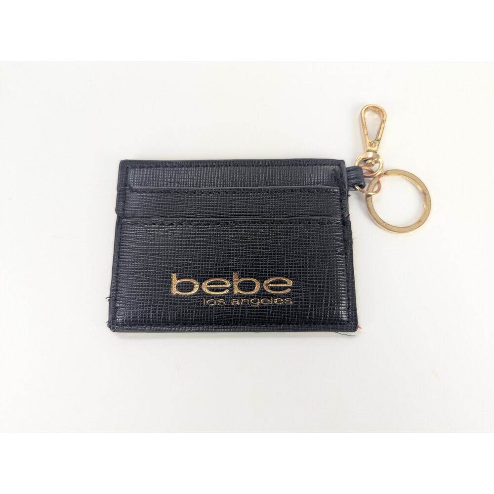 Bebe Los Angeles Black Card Holder Wallet w/ Gold Key Ring | 4"x3" Faux Leather